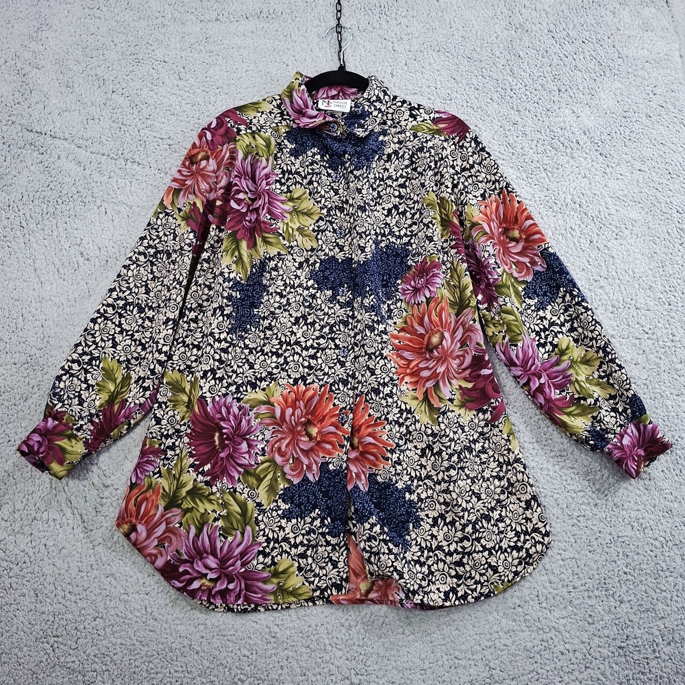 Vintage Maggie Sweet Top Sz M Blue Purple Pink‎ Floral Button Up Oversized USA